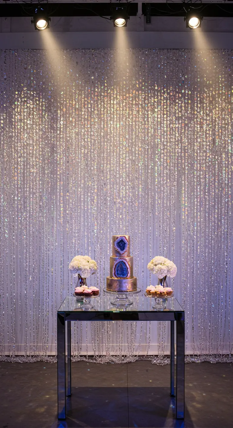 Cortina brillante de cuentas de cristal que refleja la luz como un arcoíris.