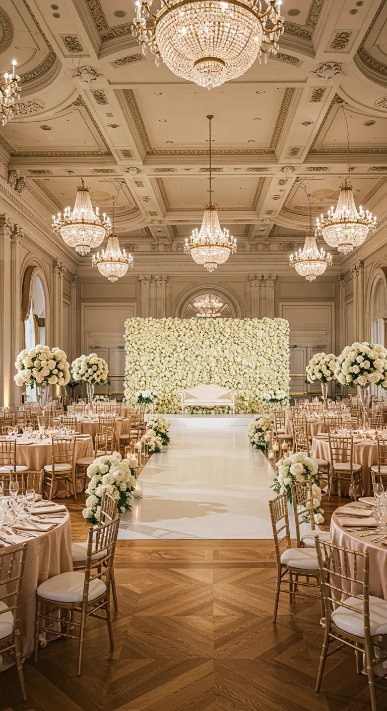 Salón de baile de lujo con un enorme muro de rosas blancas como fondo para un sofá.