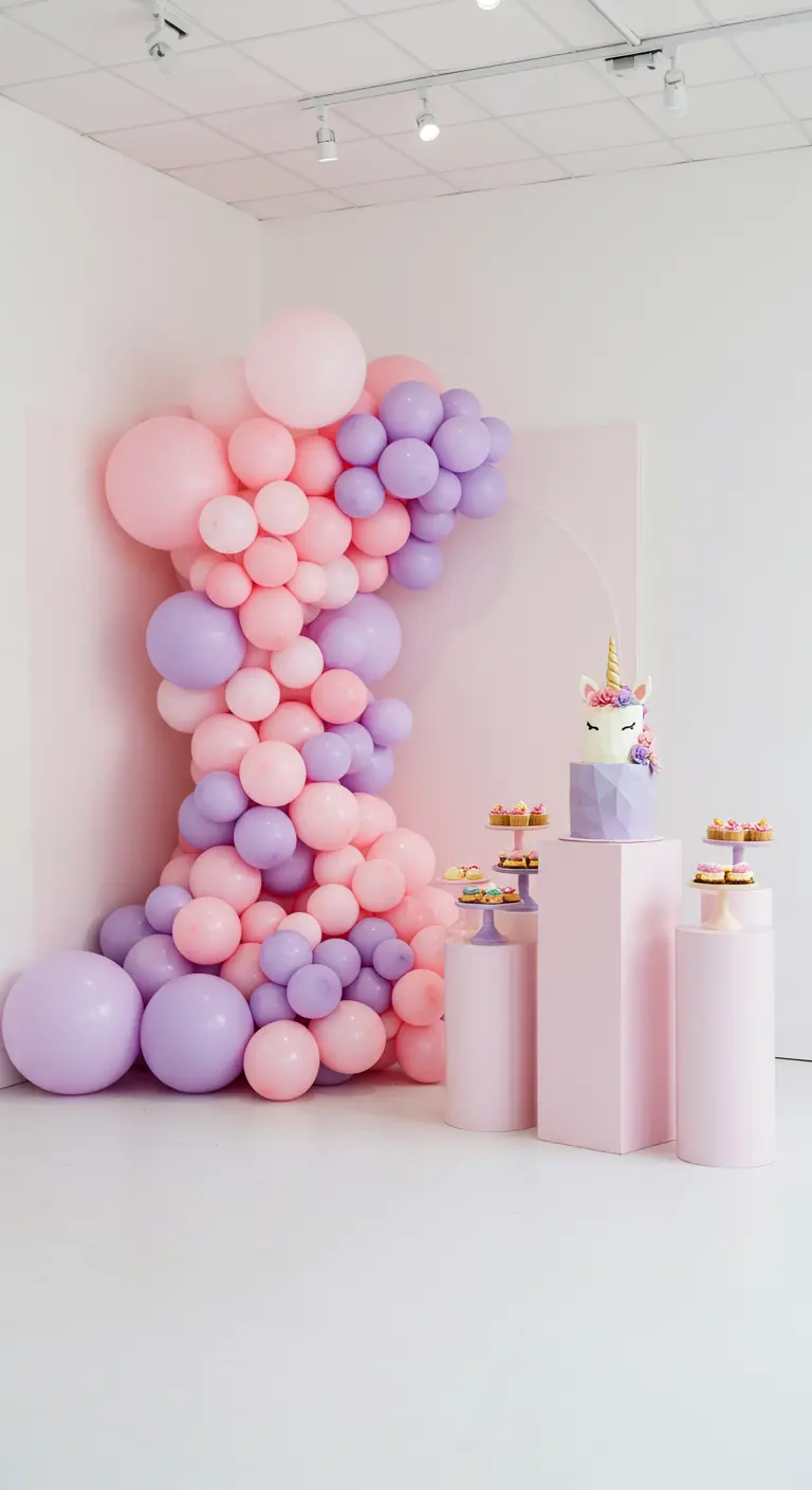 Guirnalda de globos rosa y morado en cascada junto a pedestales con una tarta de unicornio.