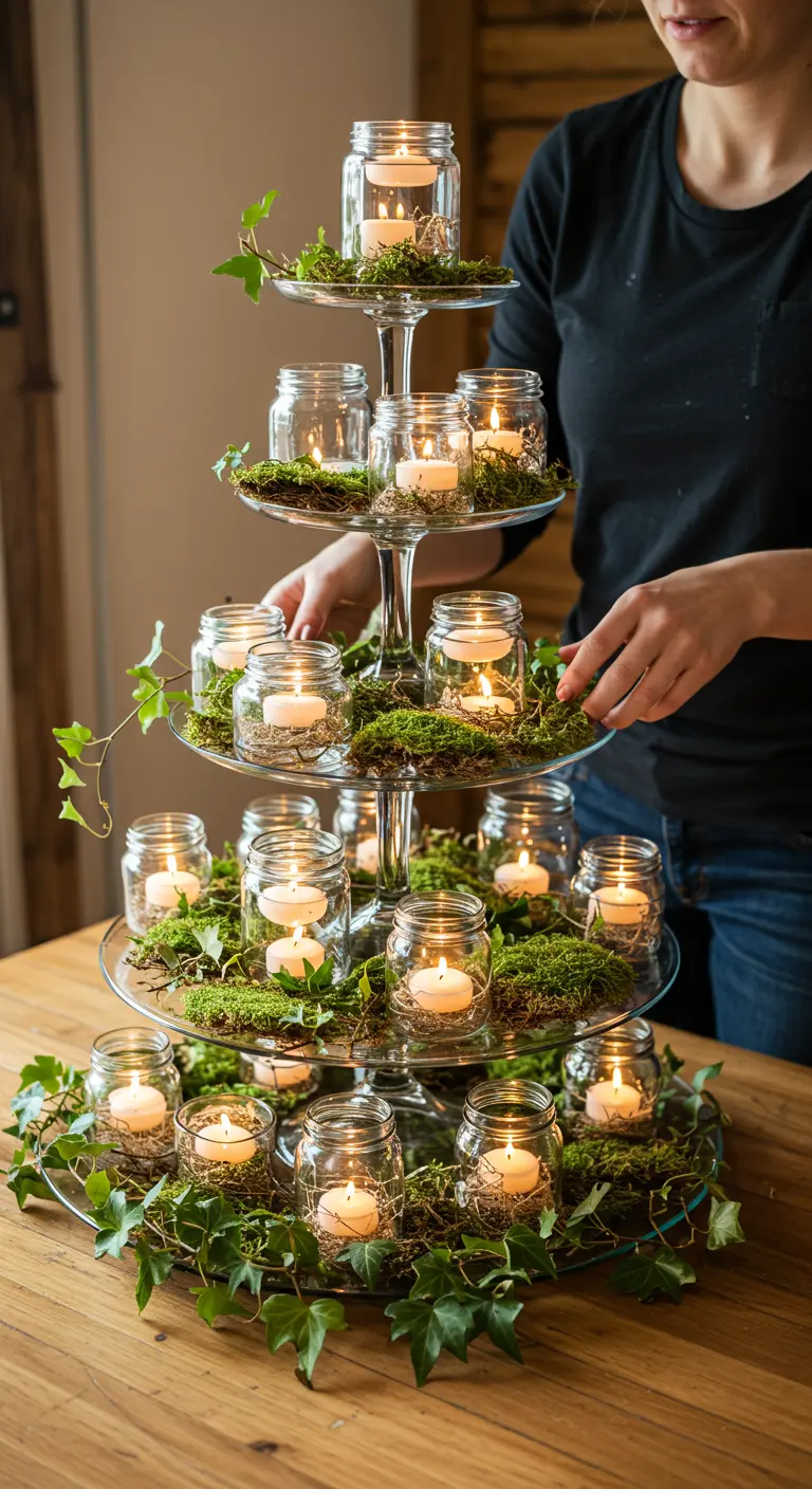 Mujer arreglando un centro de mesa de varios pisos hecho con frascos, velas, musgo y hiedra.