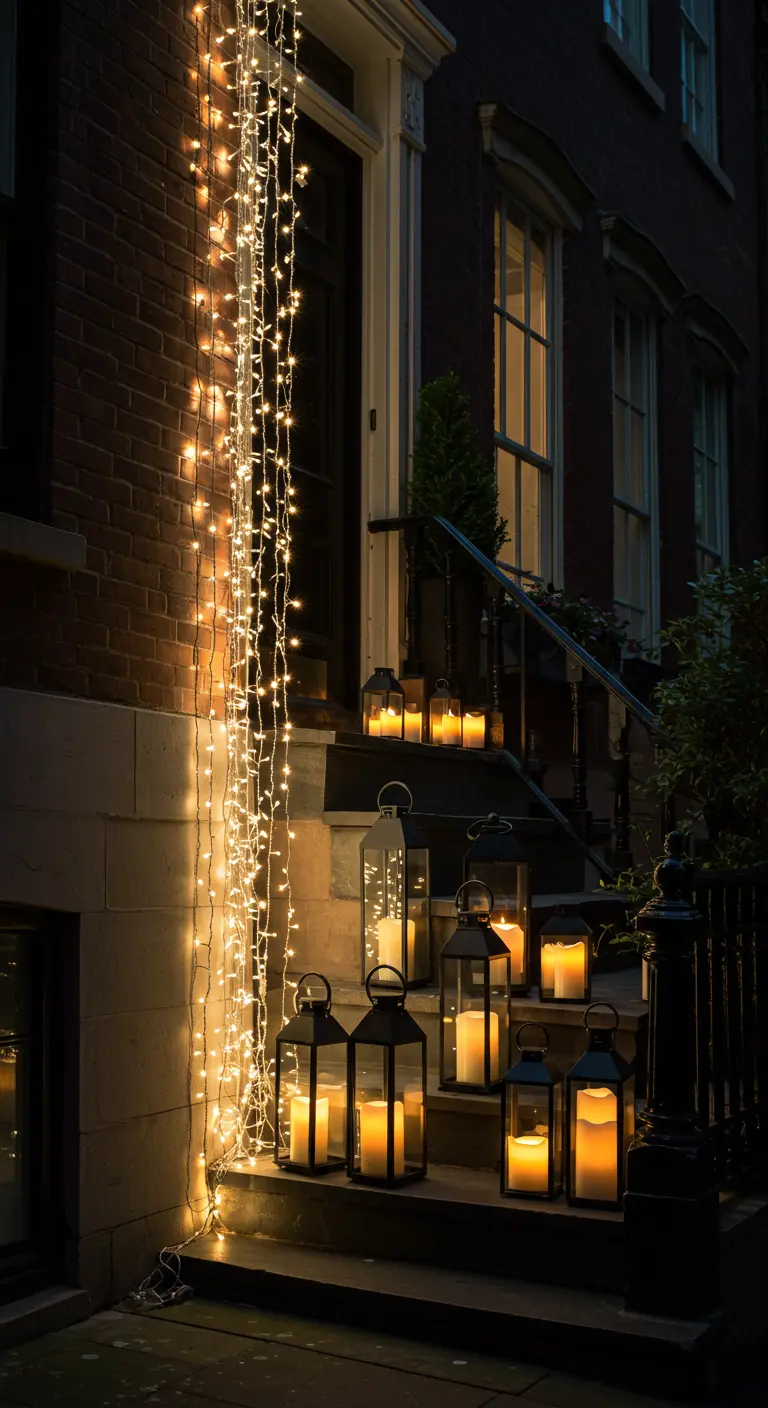 Entrada urbana con pared de ladrillo, una cortina de luces LED y faroles negros en la escalera.
