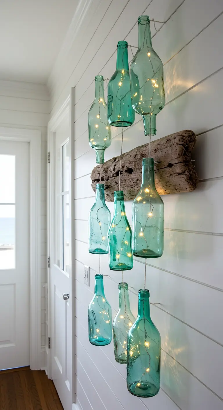 Lámpara de pared con botellas de vidrio azulado colgando de un trozo de madera de deriva.