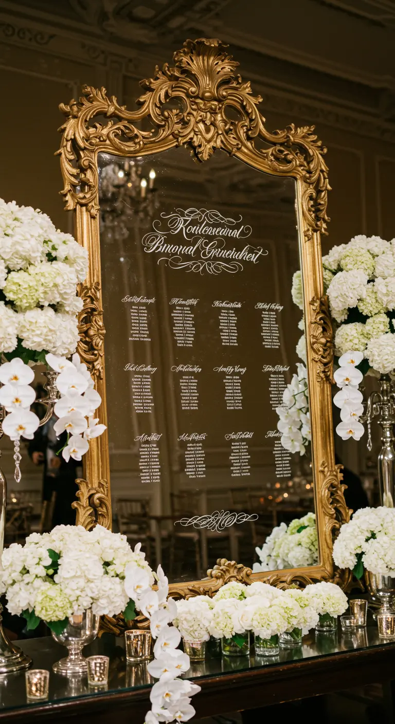 Impresionante espejo dorado con caligrafía, decorado con una cascada de flores blancas.