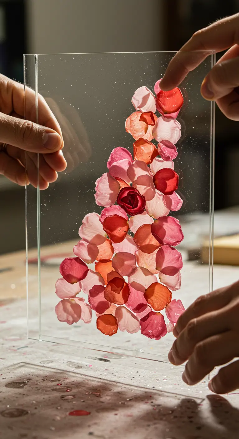 Manos sosteniendo un marco de doble cristal con pétalos de rosa prensados en tonos rojos y rosas.