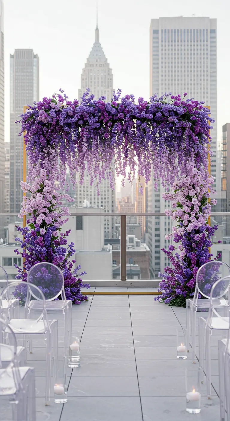Impresionante arco de boda en una azotea, cubierto de flores en tonos morados y lilas.
