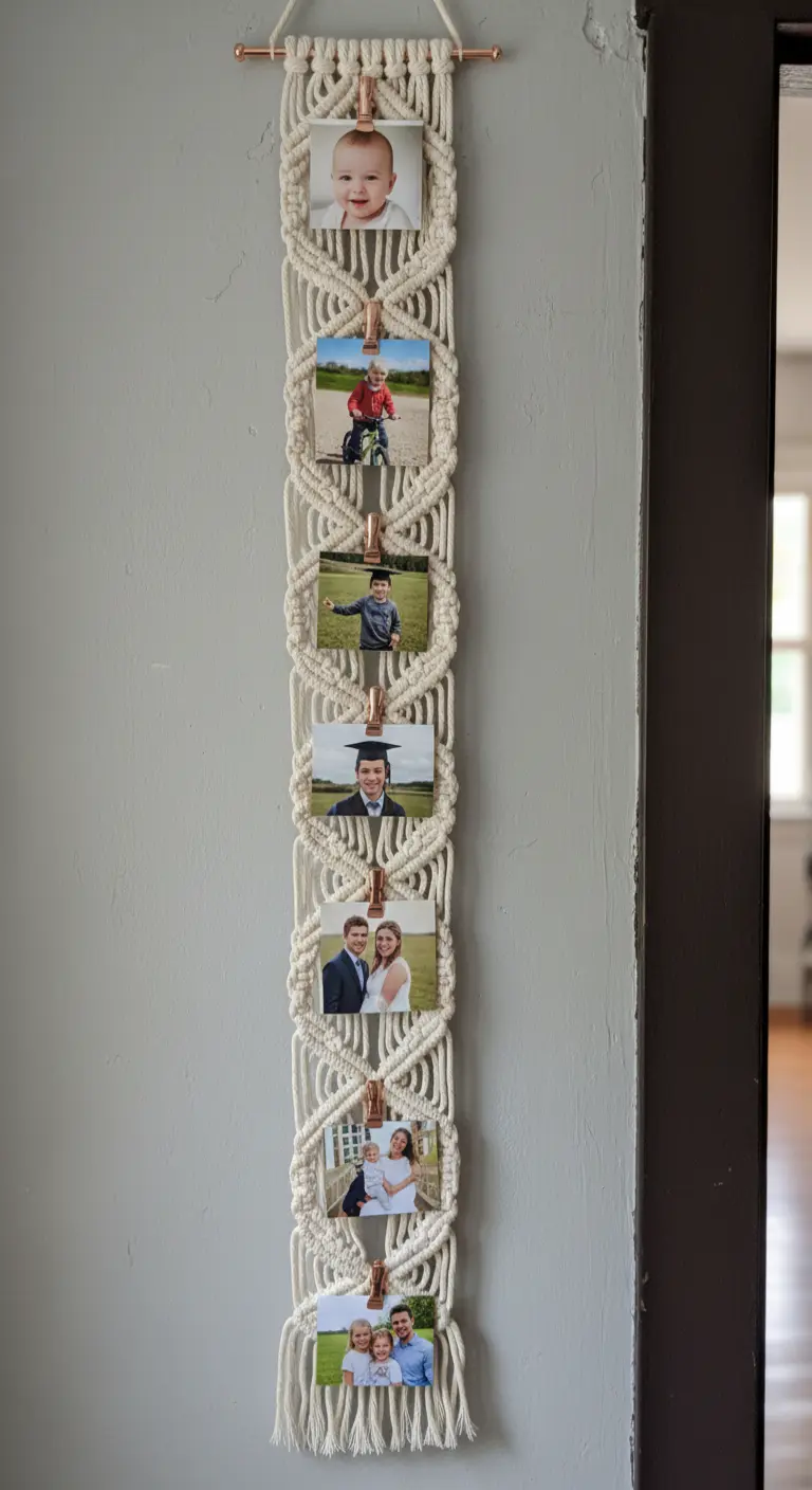 Tira vertical de macramé con una secuencia de siete fotos familiares, colgada en una pared gris.