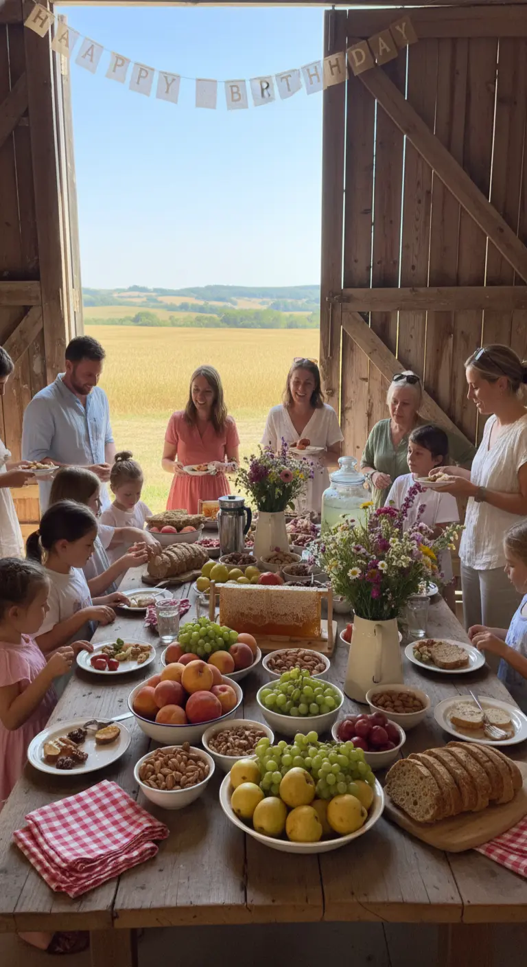 Mesa de comedor rústica en un granero con frutas, pan y flores silvestres.