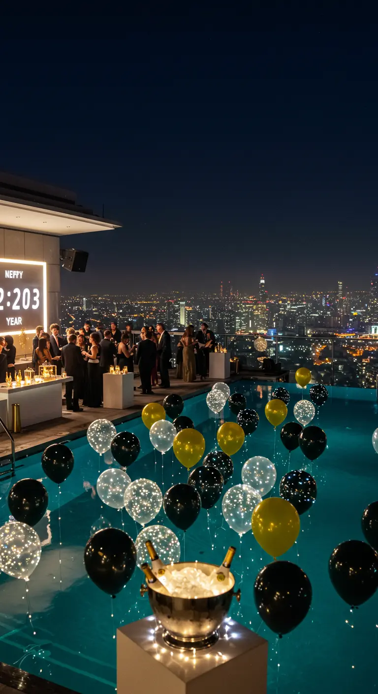 Fiesta de Nochevieja en una azotea con globos negros, dorados y transparentes con luces.