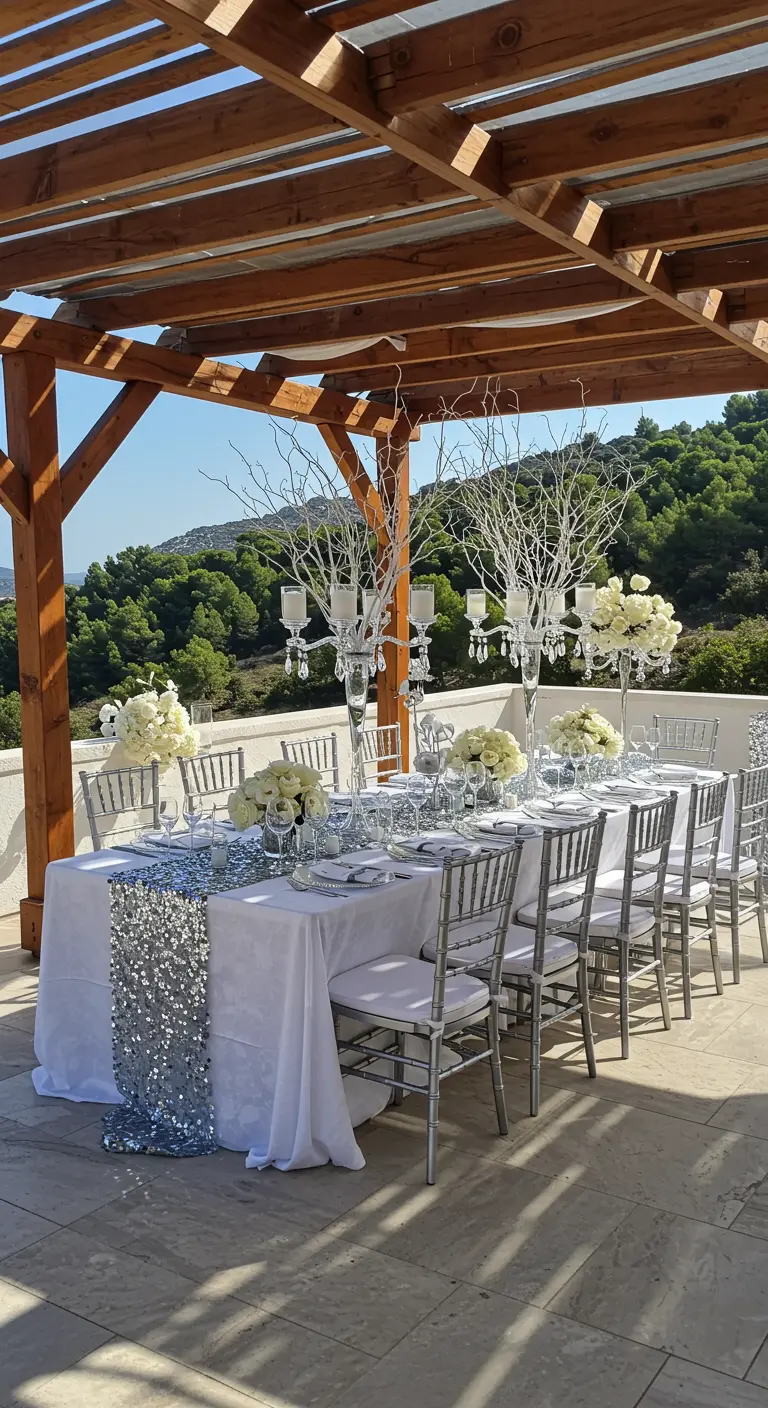 Mesa de fiesta al aire libre decorada en blanco y plata con centros de mesa de ramas blancas.