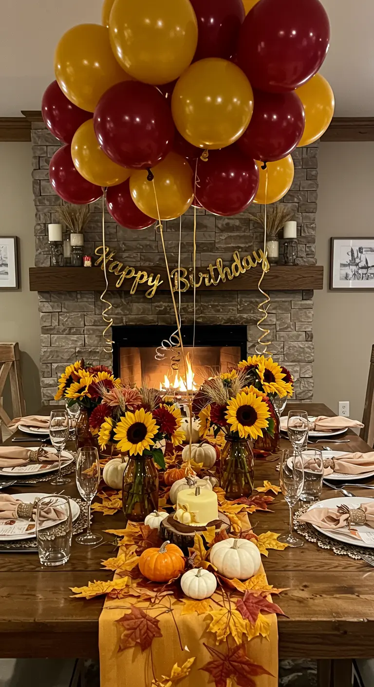 Mesa de cumpleaños otoñal con globos burdeos y dorados, girasoles y calabazas.