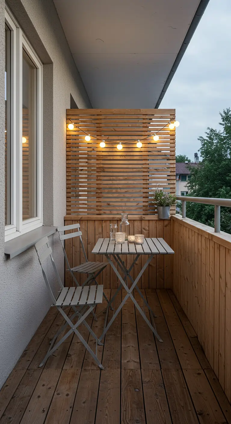 Balcón con mesa y sillas plegables grises, suelo de madera y una celosía decorada con luces