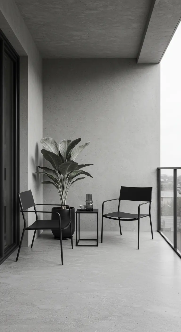 Balcón de cemento con dos sillas de diseño negras, una mesita auxiliar y una planta grande