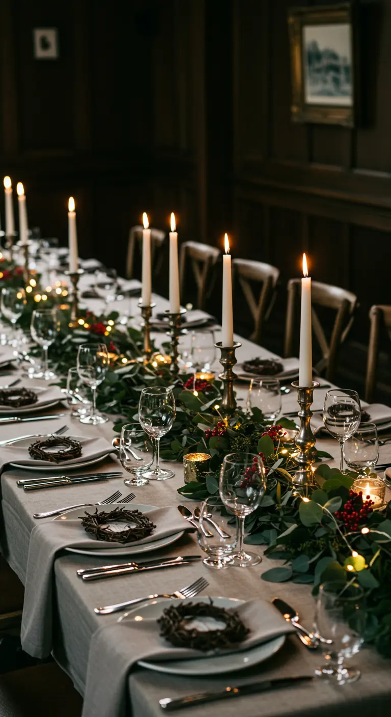 Mesa de comedor elegante con un camino de eucalipto y velas altas.