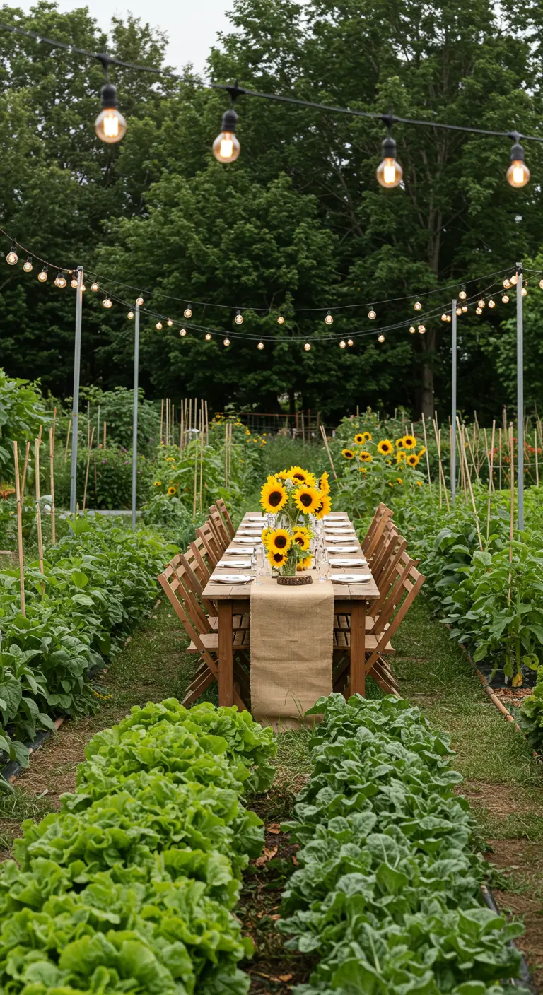 Mesa larga para cenar instalada en un huerto, con un centro de mesa de girasoles.