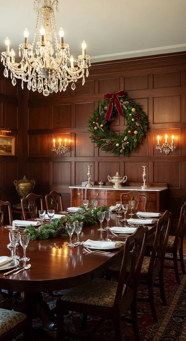 Comedor formal con paneles de madera, un candelabro de cristal y una corona ornamentada.