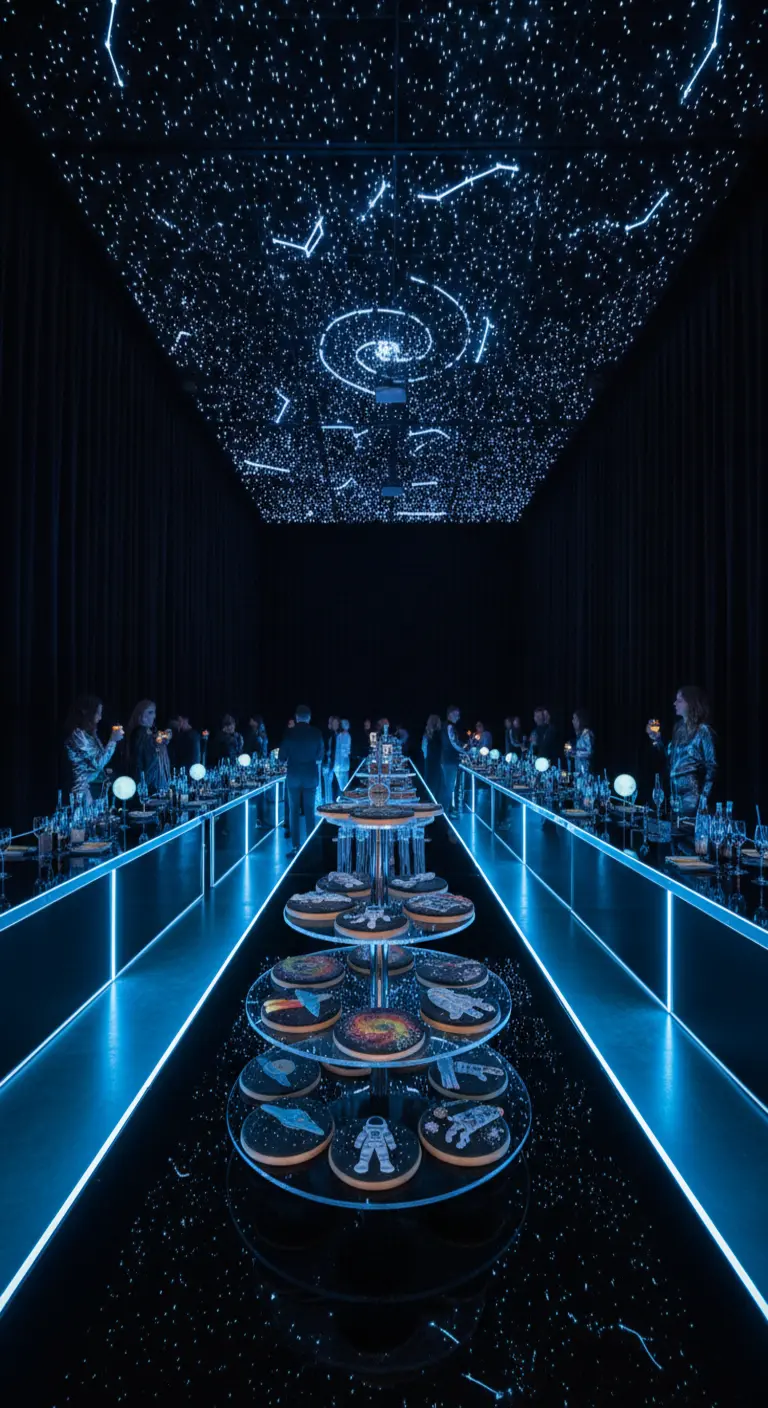 Cena futurista con un techo estrellado, luces de neón y galletas con temática espacial.