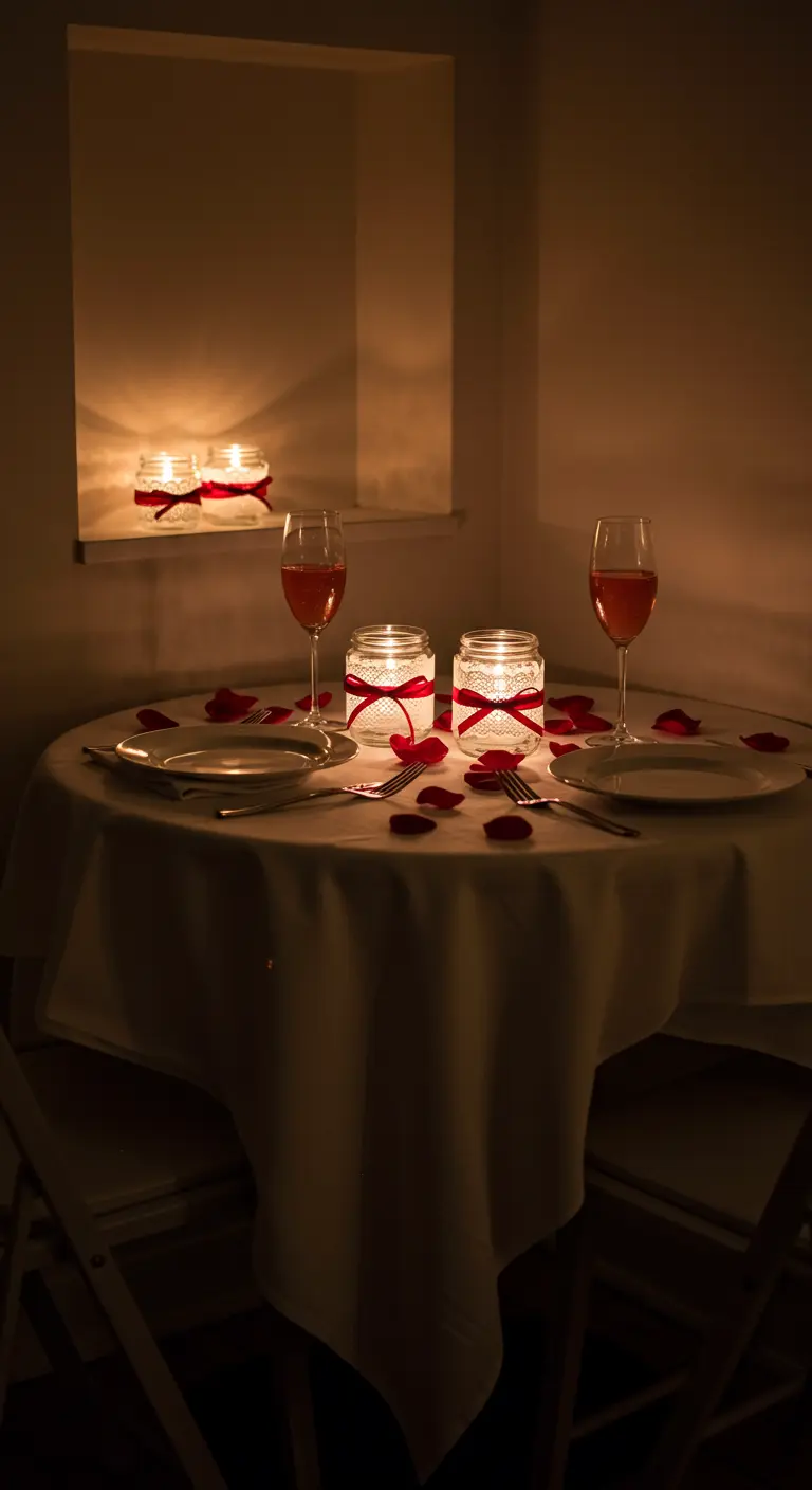 Dos portavelas de frasco con encaje y lazos rojos en una mesa para dos.