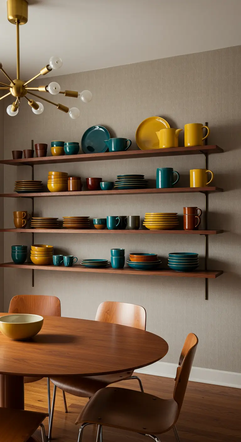 Comedor mid-century con estantes de madera y vajilla en tonos mostaza, verde azulado y marrón.