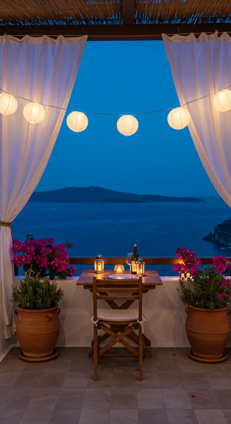 Balcón romántico con vistas al mar, cortinas blancas, farolillos de papel y una mesa para dos.
