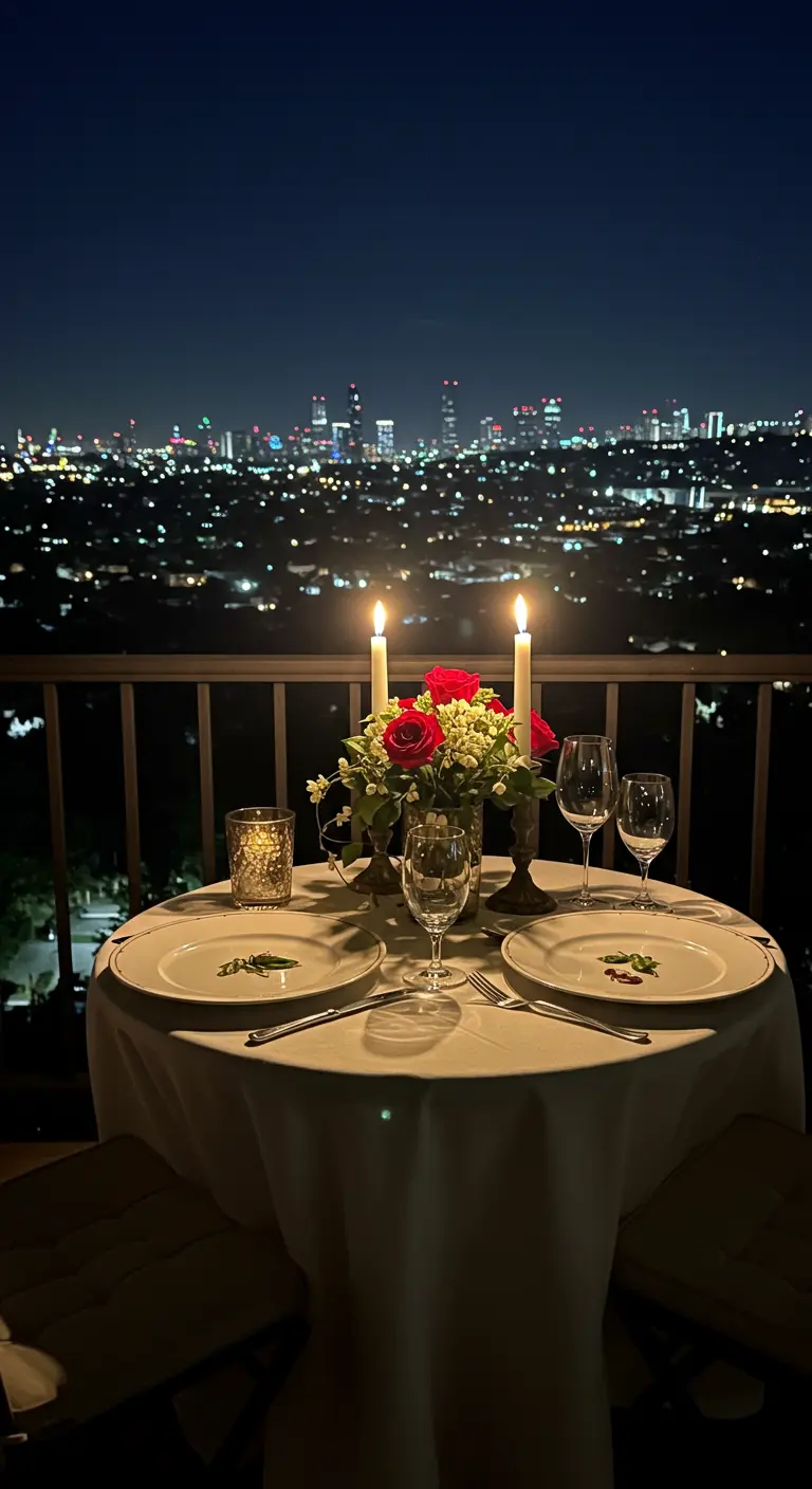 Mesa para dos en un balcón con rosas rojas, velas y vistas a la ciudad.