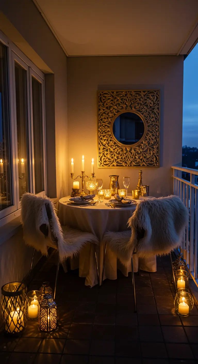 Cena romántica en un balcón con un espejo dorado ornamentado y muchas velas.