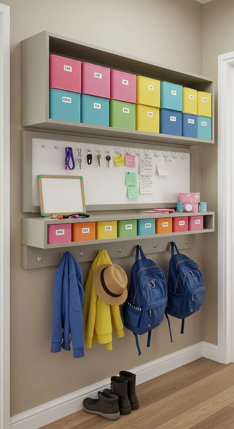 Organizador de pared en un pasillo con cajas de colores, ganchos para mochilas y una pizarra blanca.