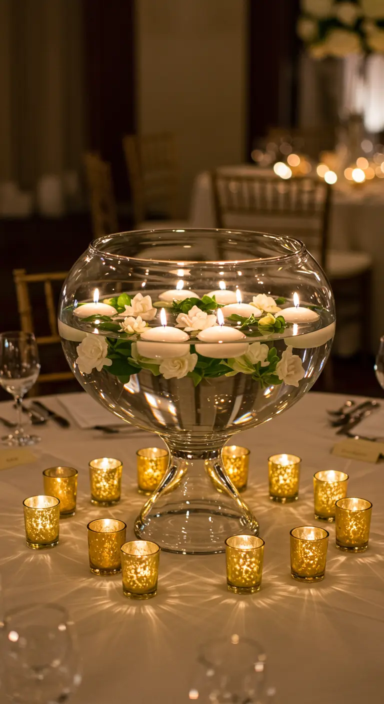 Gran bol de cristal con pie, lleno de agua, flores blancas y múltiples velas flotantes encendidas.