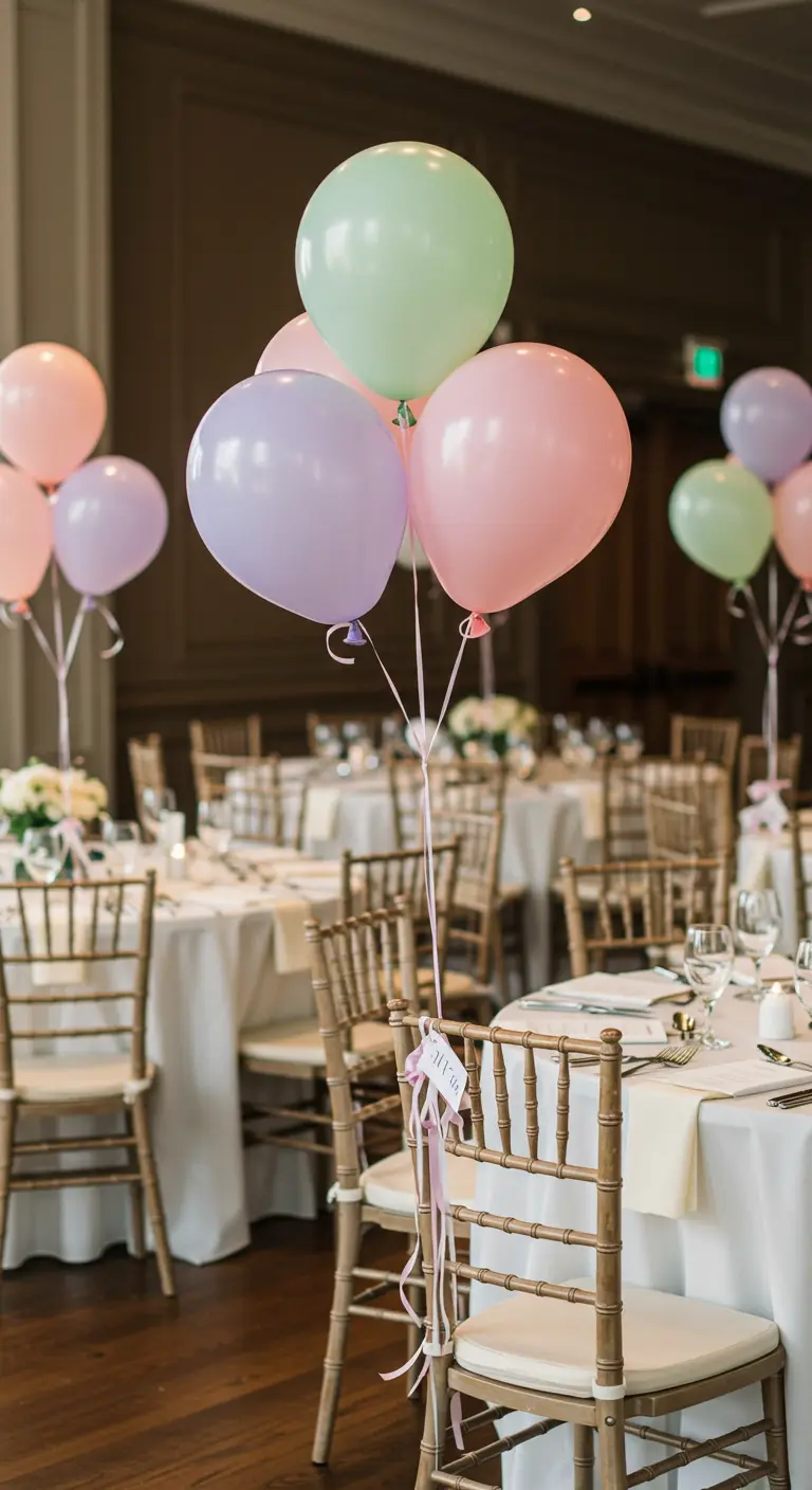Ramillete de globos pastel con helio como centro de mesa en una boda o fiesta.
