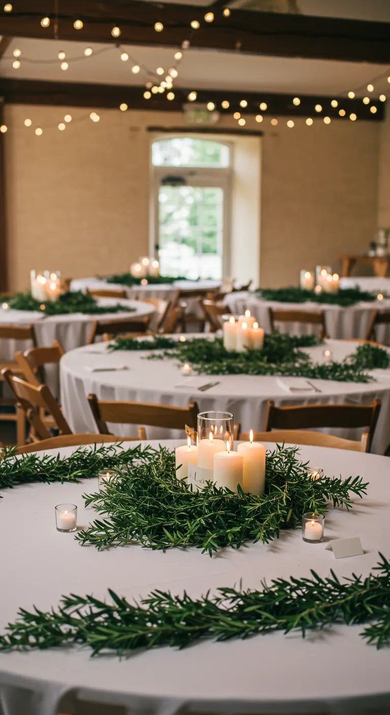 Mesas redondas de boda con manteles blancos y centros de mesa de coronas de romero con velas.