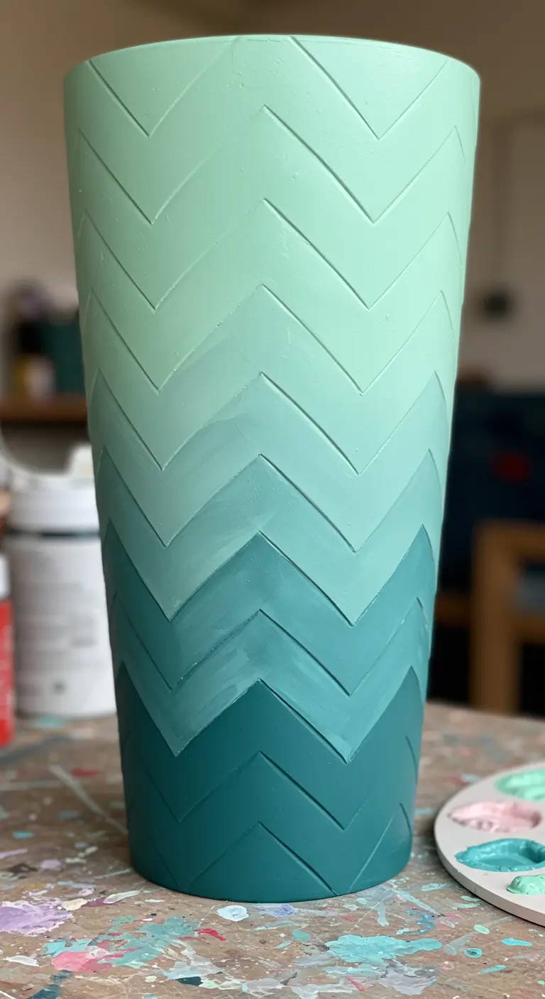Maceta alta con textura de chevron pintada en un degradado de tonos verdes.