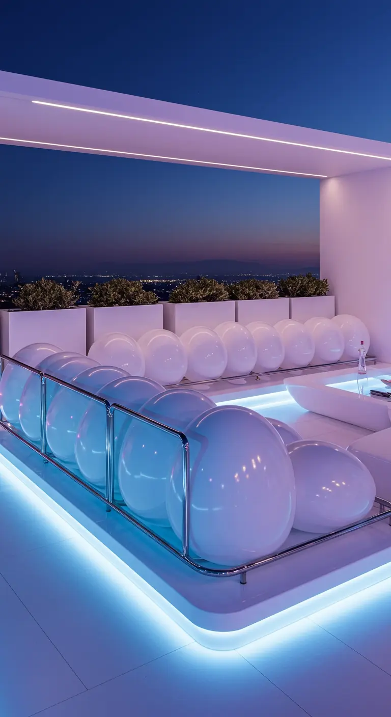 Terraza futurista con un sofá blanco de obra iluminado por debajo con luces de neón lilas