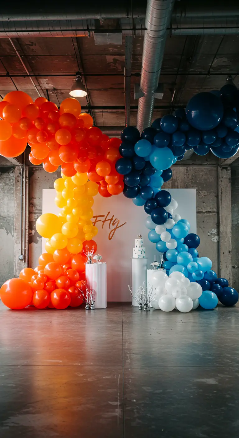 Dos arcos de globos opuestos, uno en tonos cálidos y otro en fríos, para un efecto de fuego y hielo.