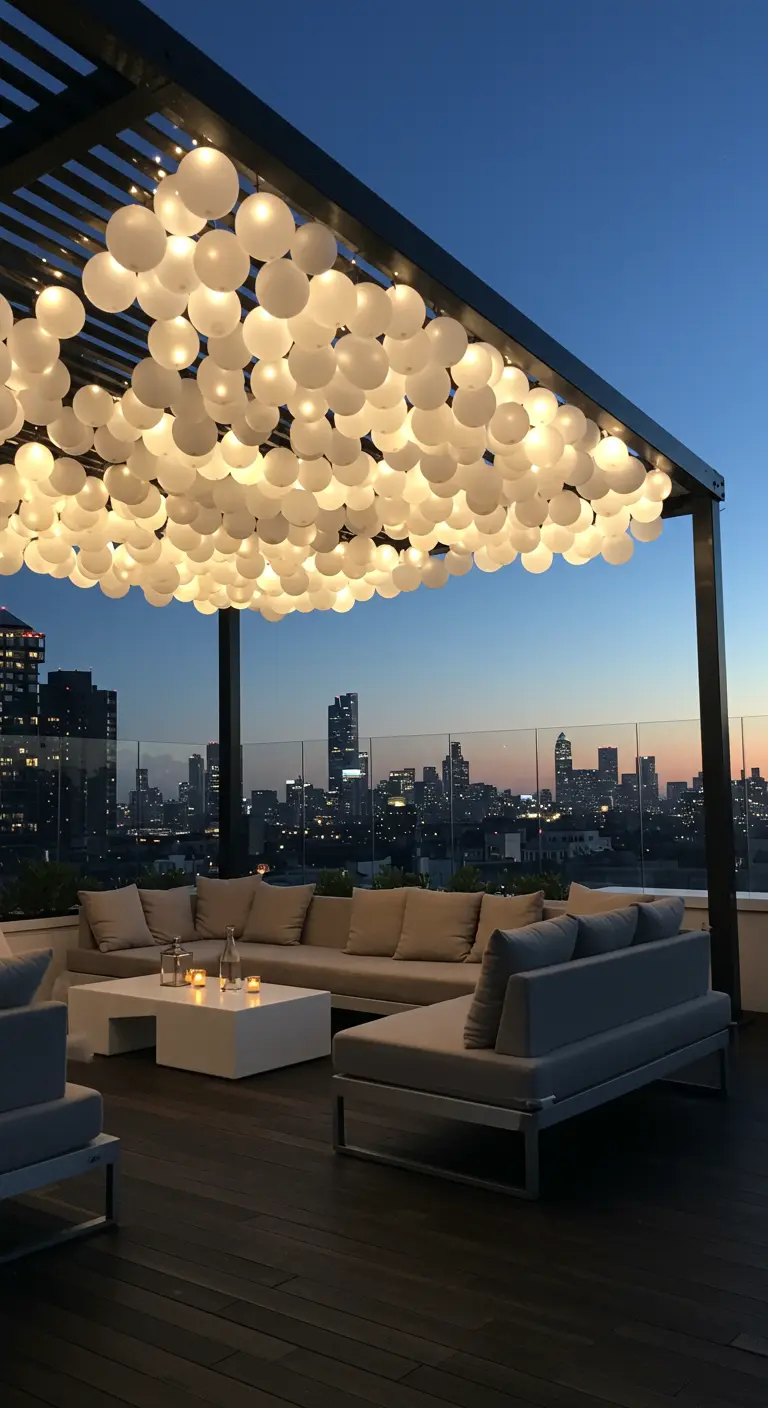 Globos blancos iluminados desde dentro bajo una pérgola en una azotea urbana.
