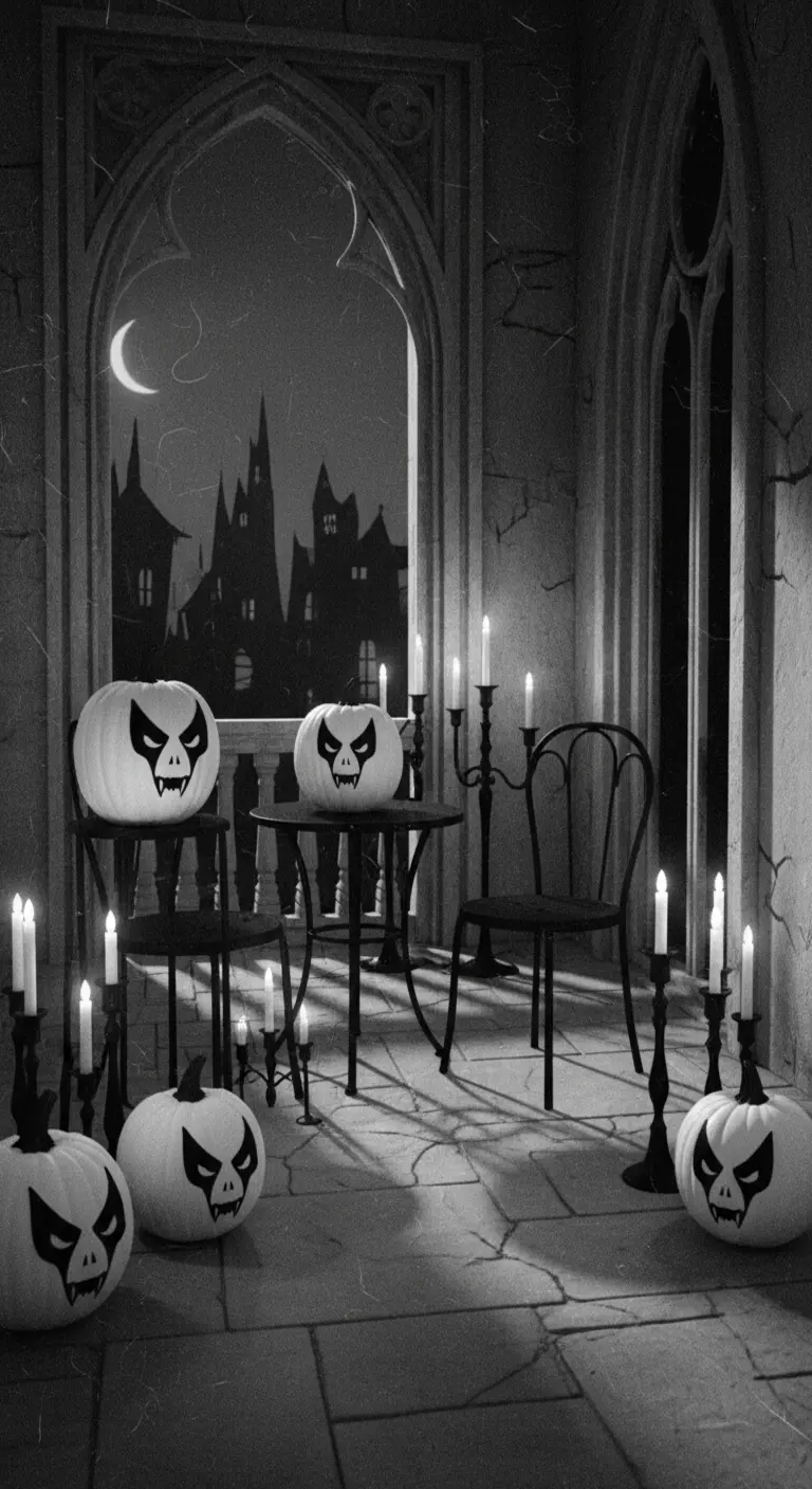 Decoración de Halloween en blanco y negro con calabazas pintadas como vampiros.