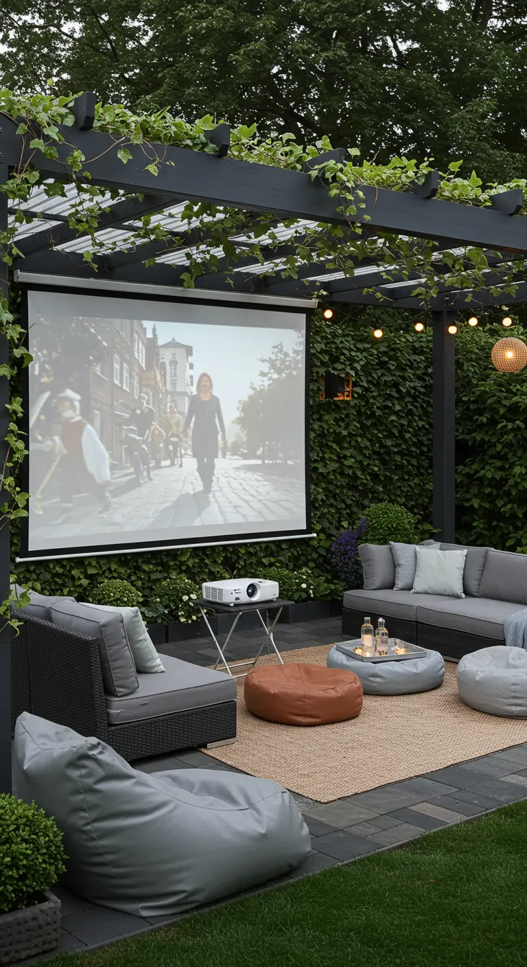 Cine al aire libre bajo una pérgola con pantalla de proyector, pufs y sofás.