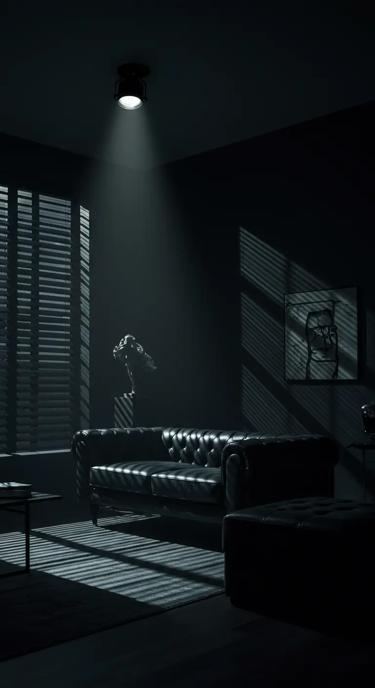 Sala oscura de estilo cine negro con sofá de cuero y un único foco de luz cenital.