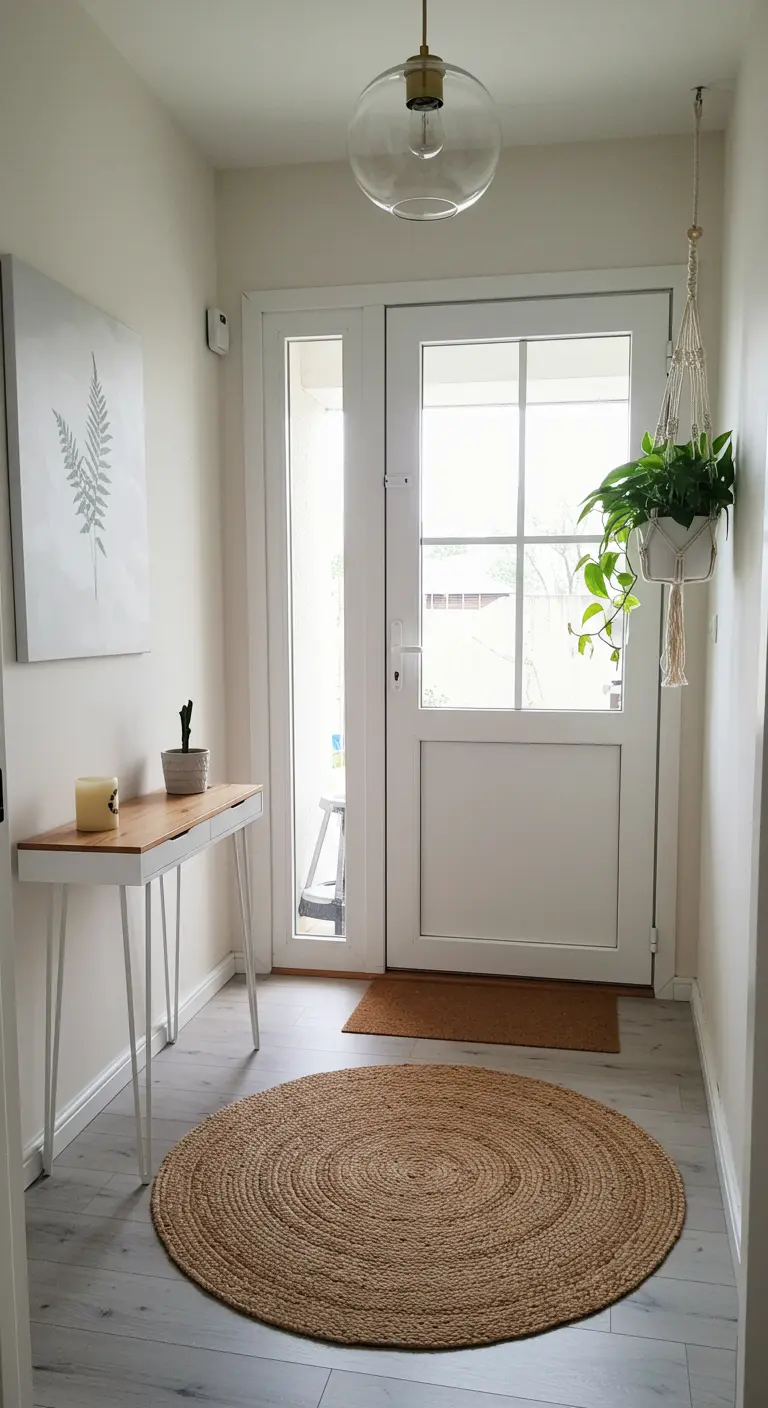 Entrada con alfombra redonda de yute, planta colgante en macramé y consola de patas finas.