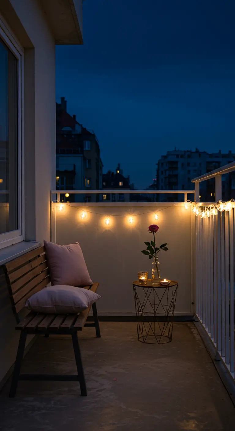 Balcón minimalista de noche con un banco, cojines rosas y una guirnalda de luces cálidas