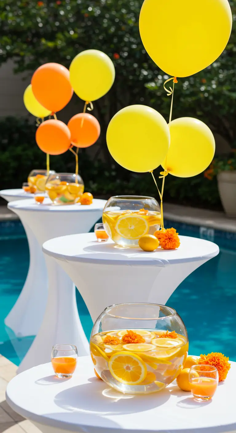Globos amarillos y naranjas sobre mesas altas con peceras llenas de cítricos.