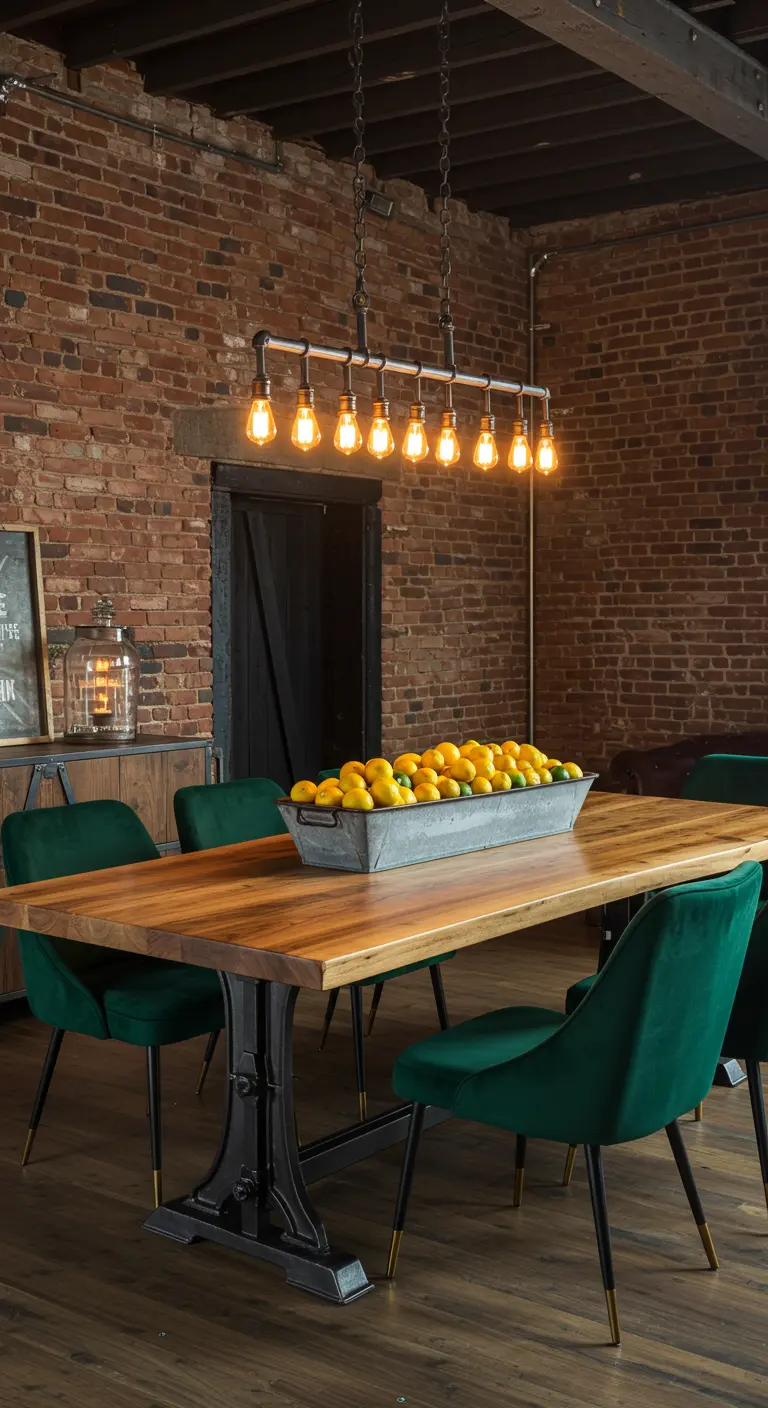 Comedor industrial con centro de mesa de limones en un recipiente metálico alargado.