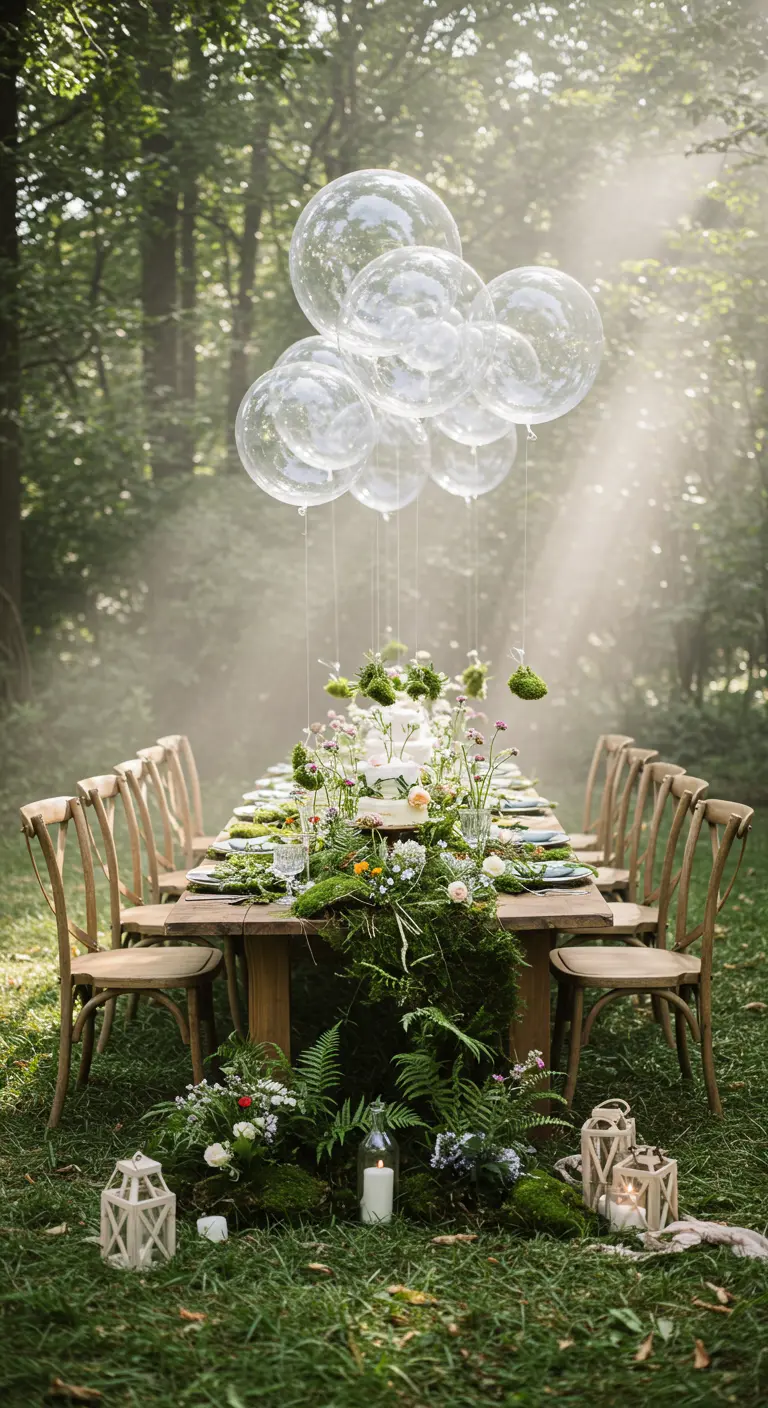 Mesa en el bosque con globos burbuja flotantes y un camino de mesa de musgo.