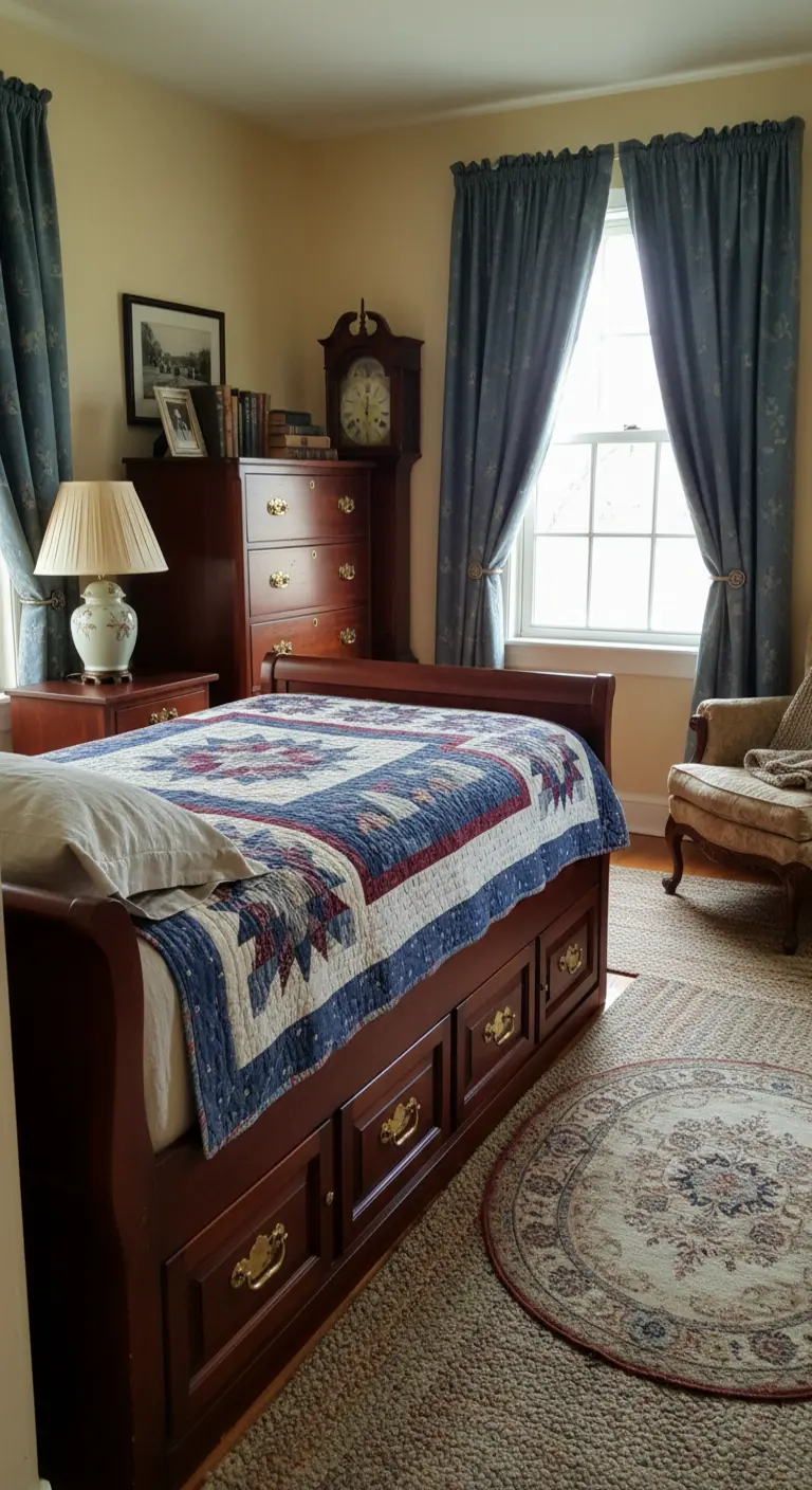 Cama clásica de madera oscura estilo trineo con cajones de almacenamiento y tiradores de latón.