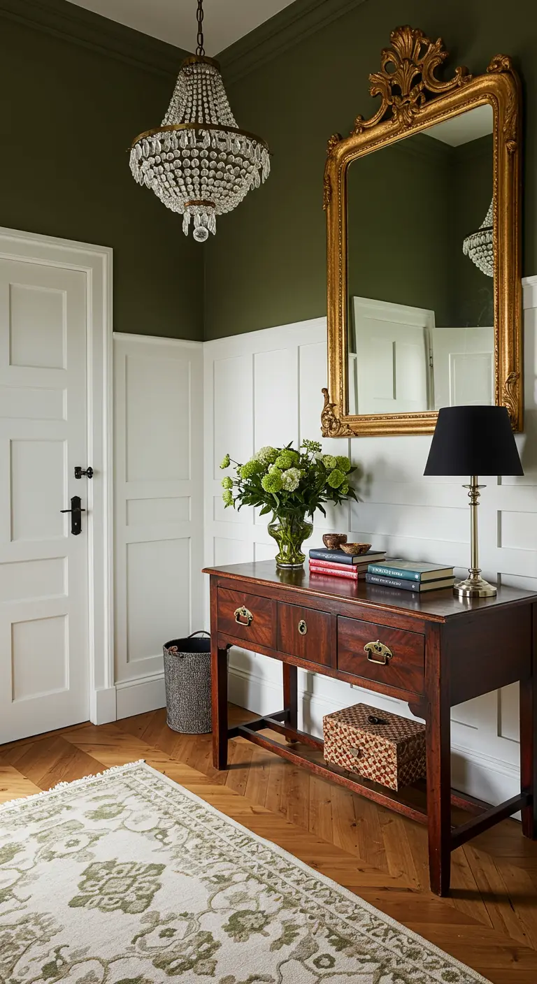 Recibidor clásico con pared verde olivo, espejo dorado y consola de madera.