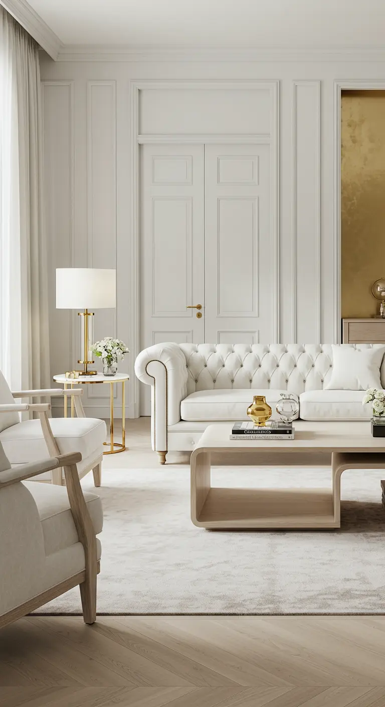 Salón neoclásico con molduras en la pared, sofá chesterfield blanco y detalles dorados.
