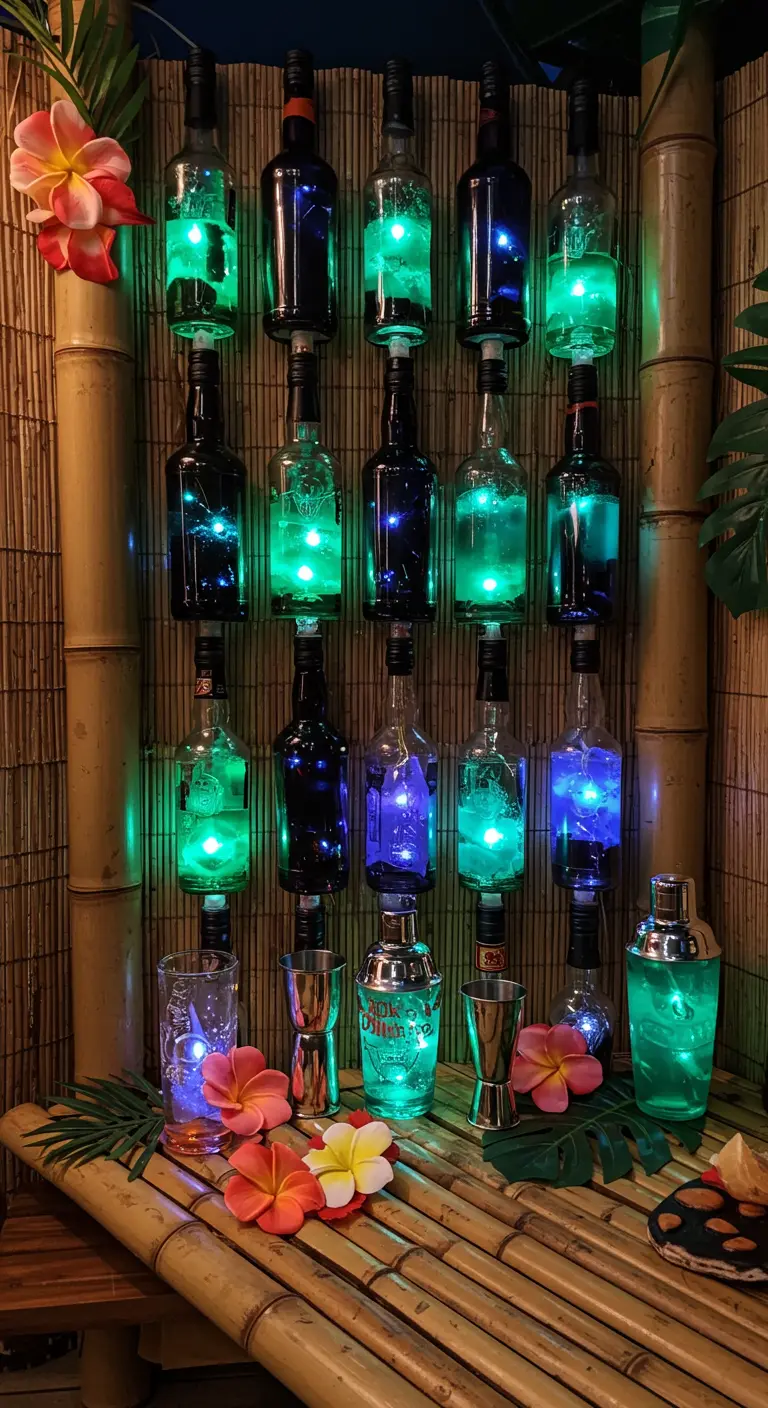 Pared de bar decorada con botellas de licores iluminadas con luces LED de colores verde y azul.