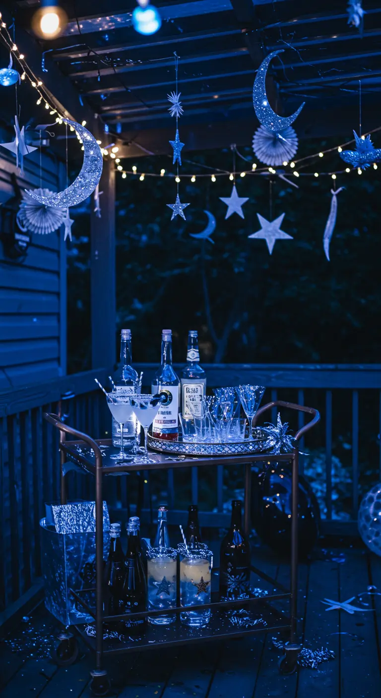 Carrito de bar en un porche decorado con lunas y estrellas brillantes, bajo luces de hadas.