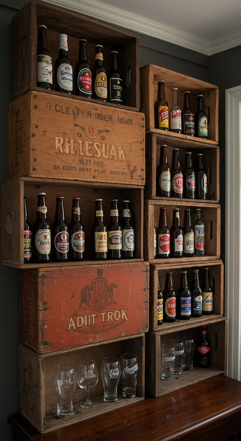 Pared de cajas de cerveza vintage apiladas, utilizadas para exhibir una colección de botellas.