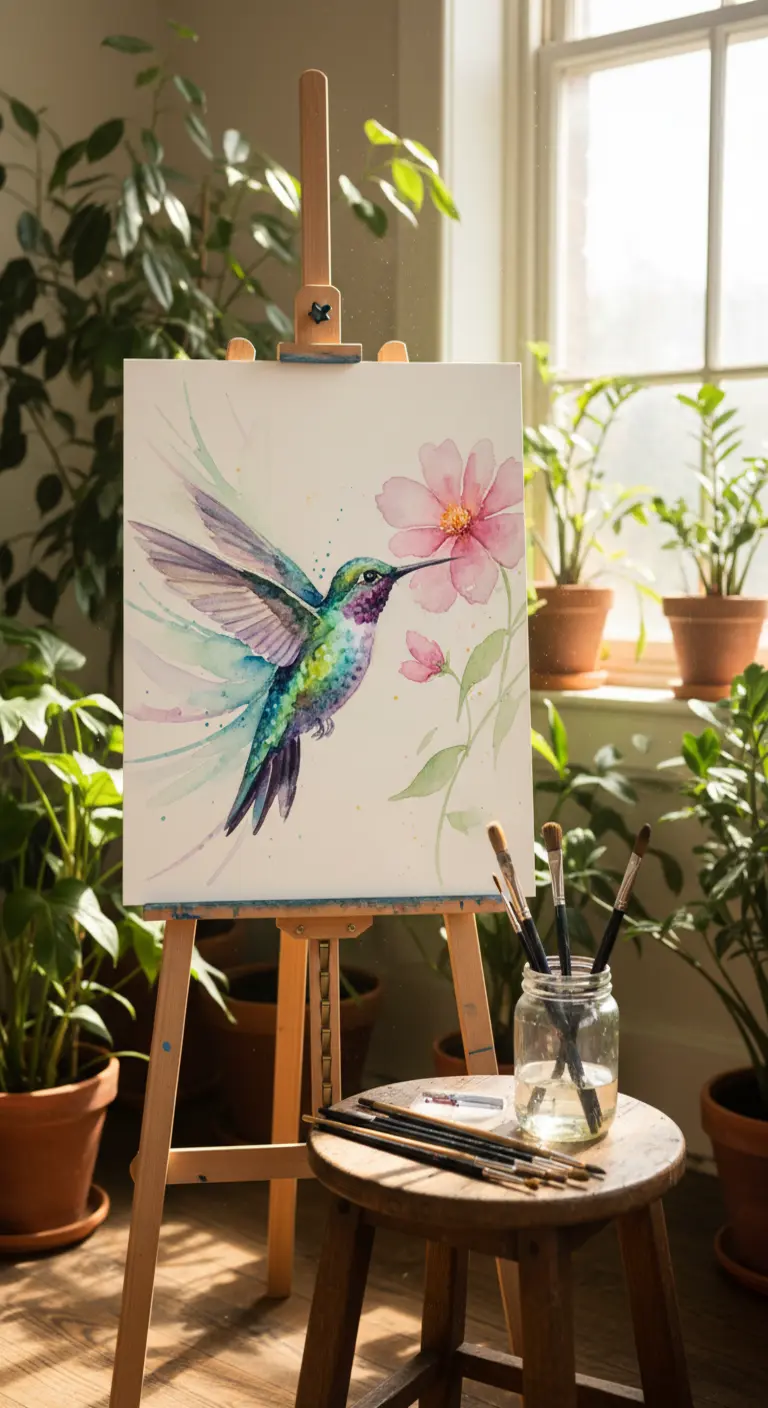Pintura de un colibrí colorido bebiendo de una flor rosa, sobre un caballete de madera.
