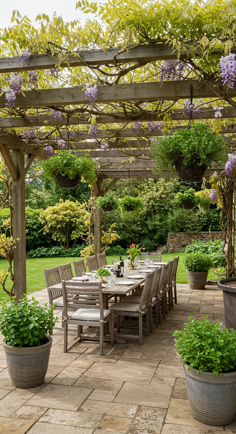 Comedor exterior bajo una pérgola de madera cubierta de glicinas y con cestas colgantes de hierbas.