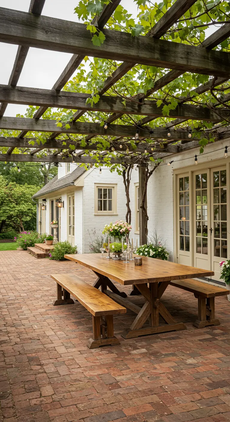 Gran mesa de comedor de madera con bancos bajo una pérgola cubierta de parra en un patio de ladrillo.